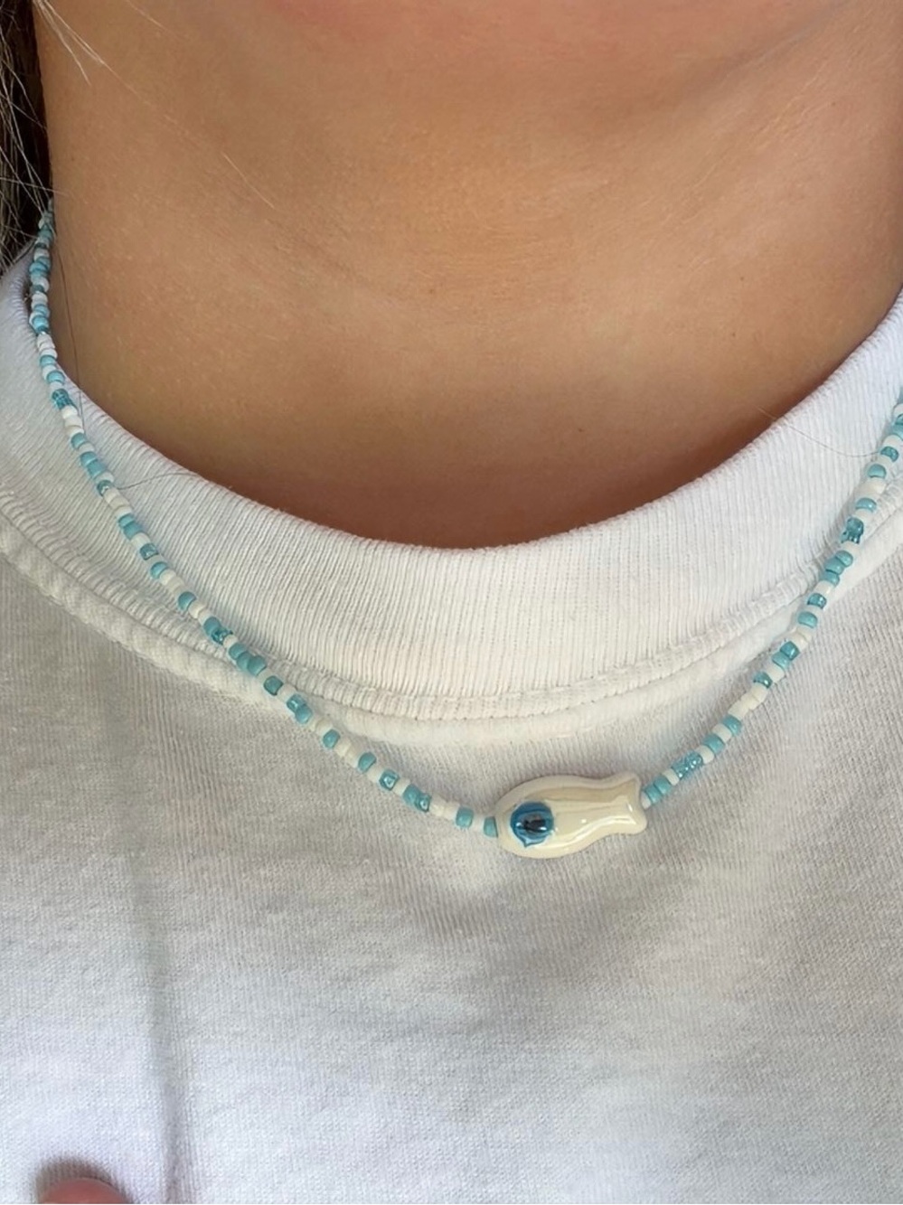 Handmade White and Light Blue Beaded Fish Necklace